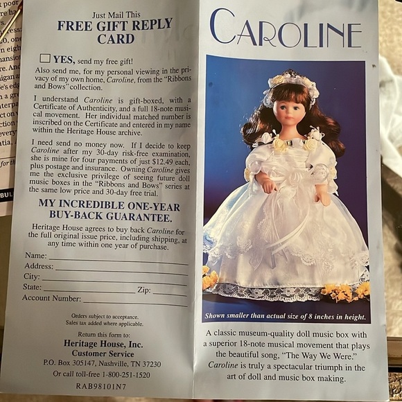 Heritage House Caroline Porcelain Bridal Doll Musical The Way We Were ad insert - Picture 4 of 17